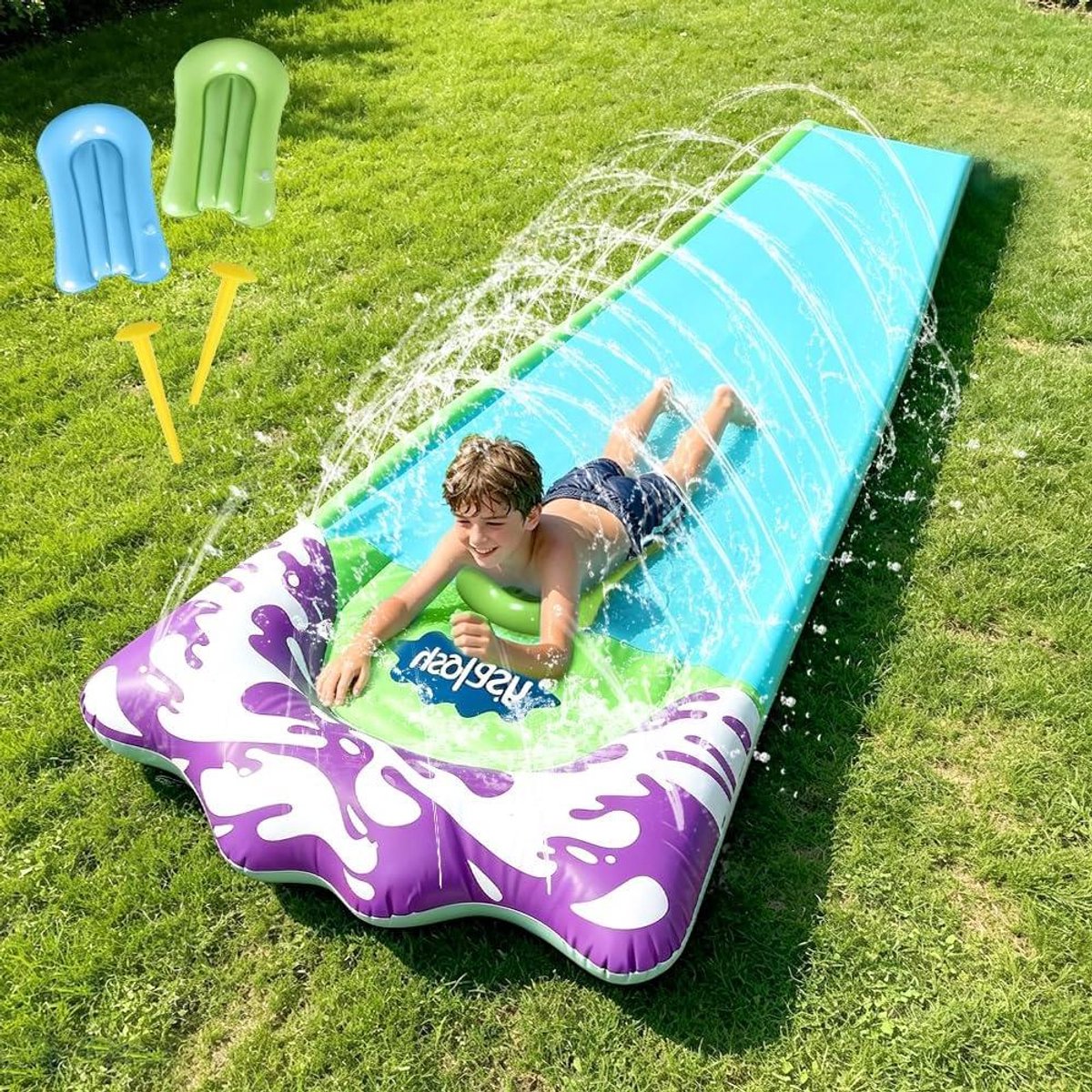 Waterglijbaan - Tuinslang glijbaan - Zomerpret in tuin - Geïntegreerde sproeiers - 480 cm lang - Groen blauw
