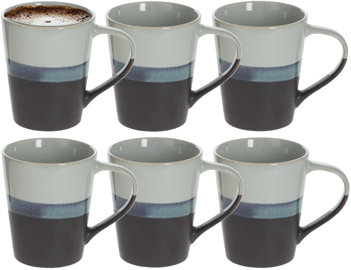 Secret de Gourmet Koffiemokken Lagune - 6x stuks - Keramiek - grijs/blauw - 360 ml - 9 x 10 cm