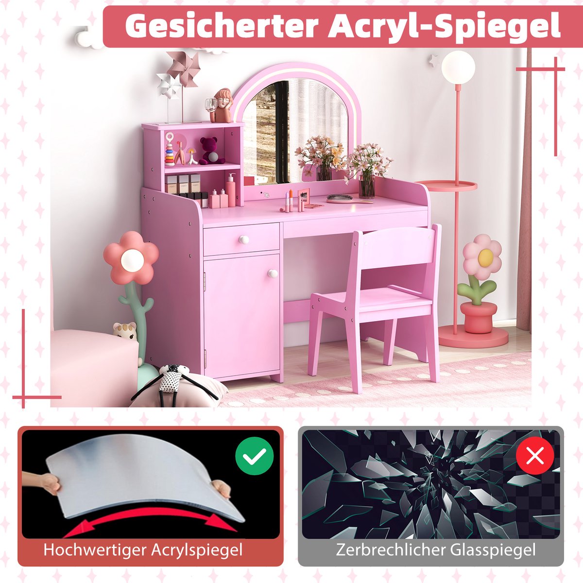 COSTWAY 2-in-1 kinder kaptafel, make-uptafel met kruk, ledverlichting, spiegel, kast en lade, kinderkaptafelset, kaptafel van hout voor meisjes, voor kinderen vanaf 3 jaar (roze) — afbeelding 6