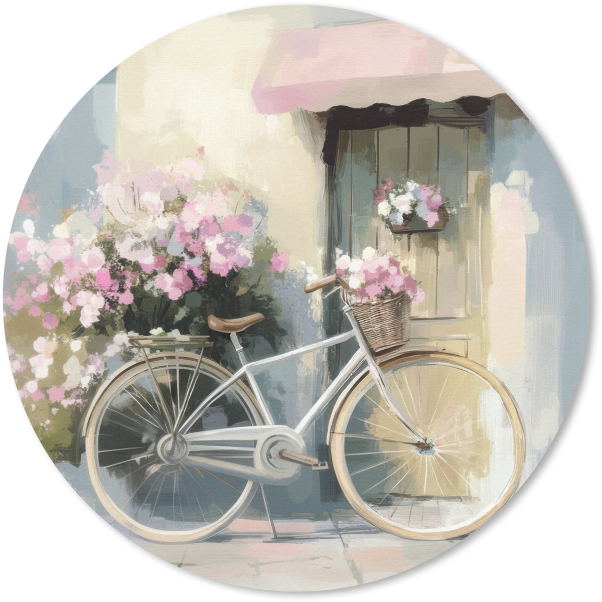 Muismat rond 30x30 cm - Mousepad Fiets - Pastelkleuren - Bloemen - Ronde muismatten
