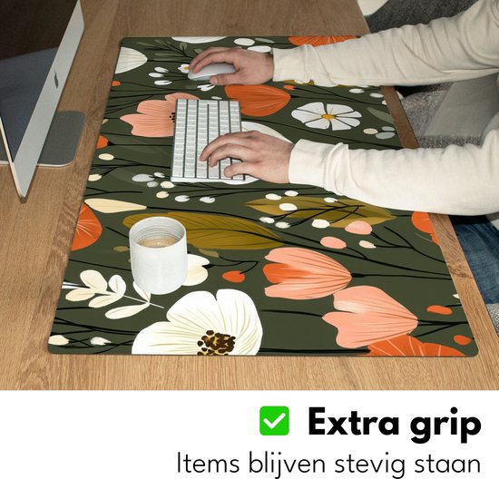 Bureau onderlegger 100x50 cm - Muismat Bloemen - Illustratie - Groen - Bureaumat - Mousepad XXL - Bureau mat - Muismatten groot - Desk organizer - Bureaulegger