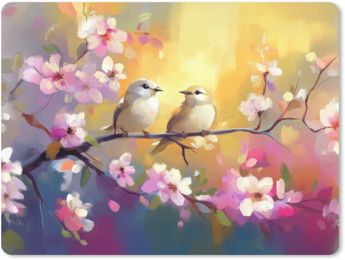 Muismat 23x19 cm - Mousepad Vogels - Bloemen - Roze - Muismatten