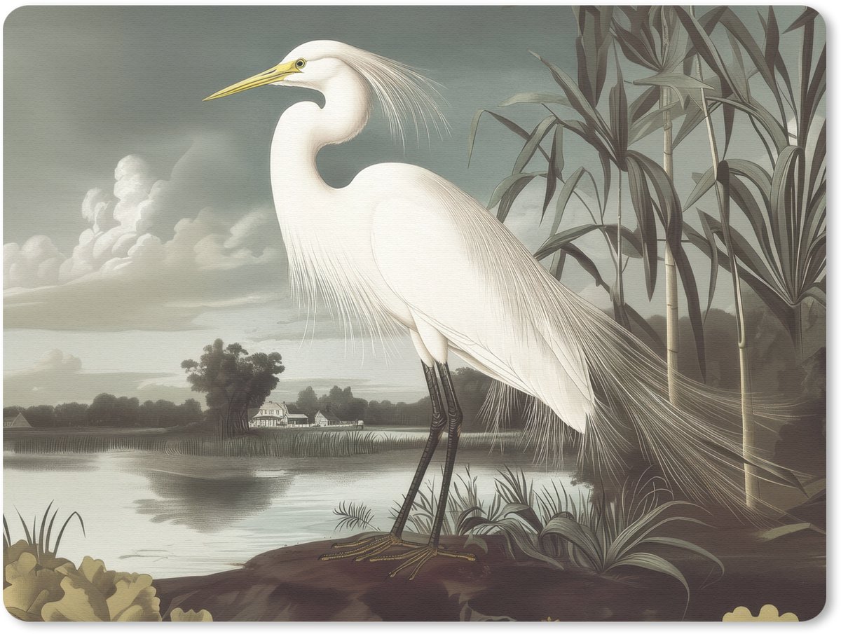 Muismat 23x19 cm - Mousepad Reiger - Planten - Wolken - Wit - Muismatten