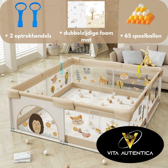 Elissio® - Grondbox Baby – Inclusief Dubbelzijdige Speelmat – Baby Speelbox met 50x Speelballen - Kinderbox - Playpen - 180x150 CM (Beige