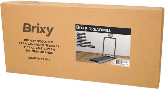 Doos van de Brixy loopband met productinformatie, inclusief Bluetooth, 0.8" scherm en max. snelheid 10km/u.