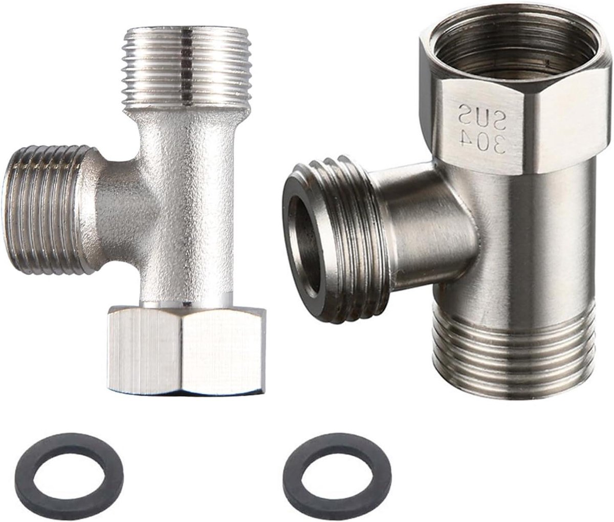 3-weg ventielaansluiting klepaansluiting T-vormige adapter afvoerventiel vernikkeld rotatie 180 graden - 2 stuks, voor toilet, badkamer, keuken, doucheslang (1/2" 3/8")