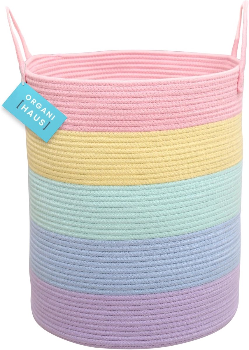 Katoenen Touw Opbergmand met Handvatten - Extra Groot, Regenboog Kleuren voor Kinderen en Organisatie