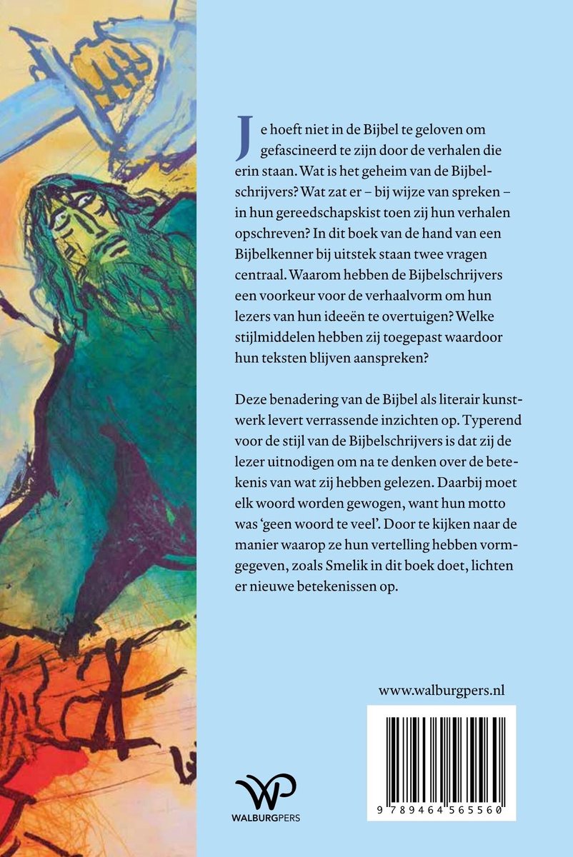 Achterkant van een boek met tekst en een abstracte afbeelding van een figuur met een zwaard.
