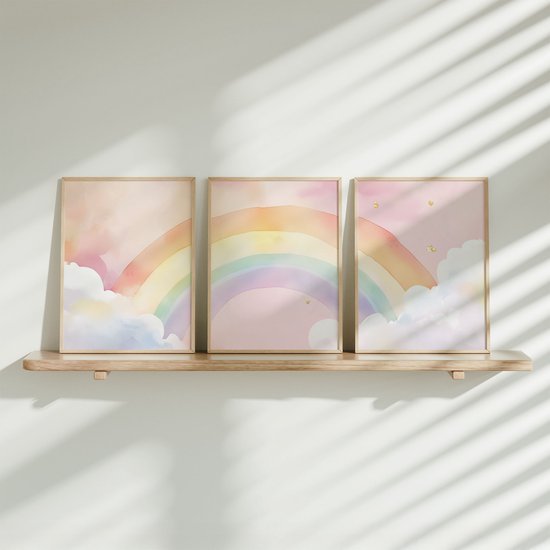 FineArtia - Rêves arc-en-ciel dans un ciel rose - Set d'affiches - 3 pièces - 20 x 30 cm - Chambre de fille - Chambre de bébé d'enfant - Décoration murale - Décoration murale' enfant - Poster enfant - Sans cadre