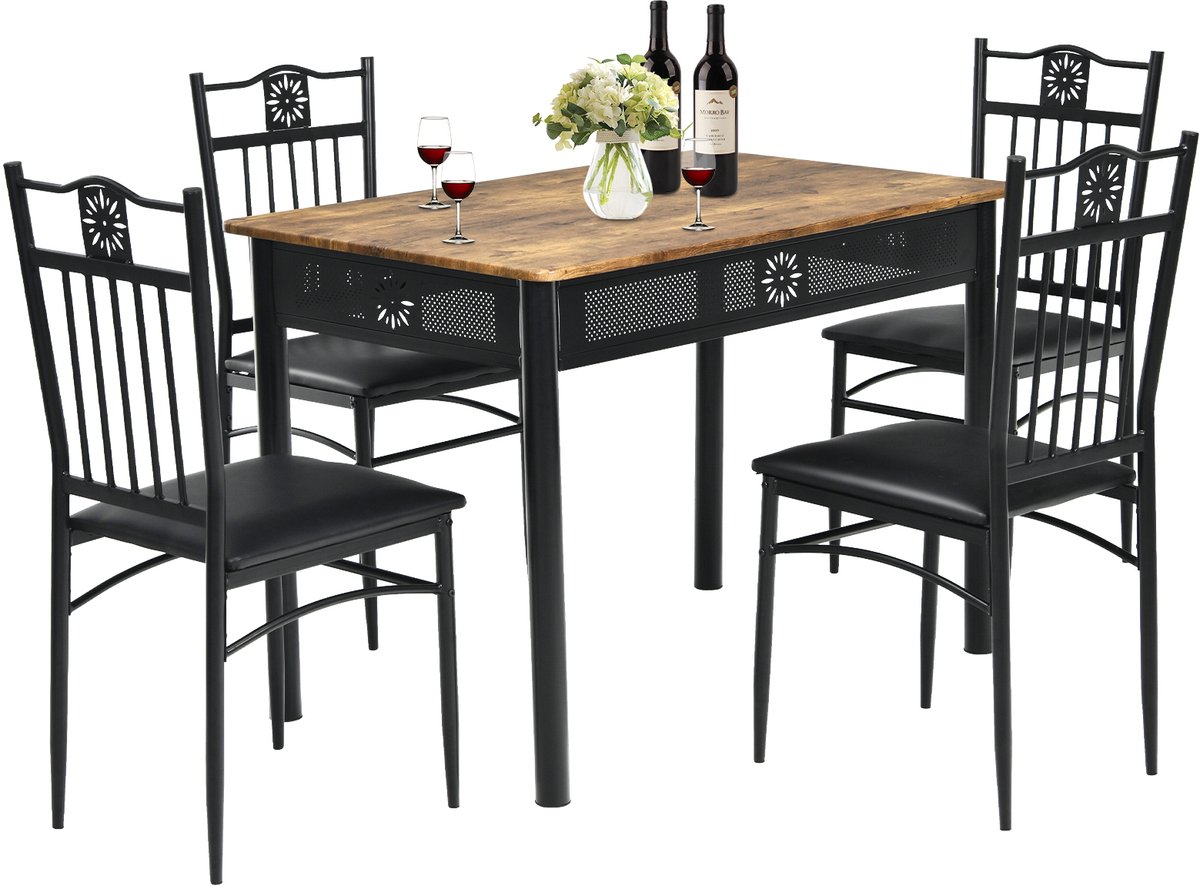 Costway 5-delige eettafelset, eetgroep met 4 gevoerde stoelen, keukentafel, bistrotafel, eetkamergroep, zitgroep 4 personen, hout voor keuken, eetkamer (zwart)