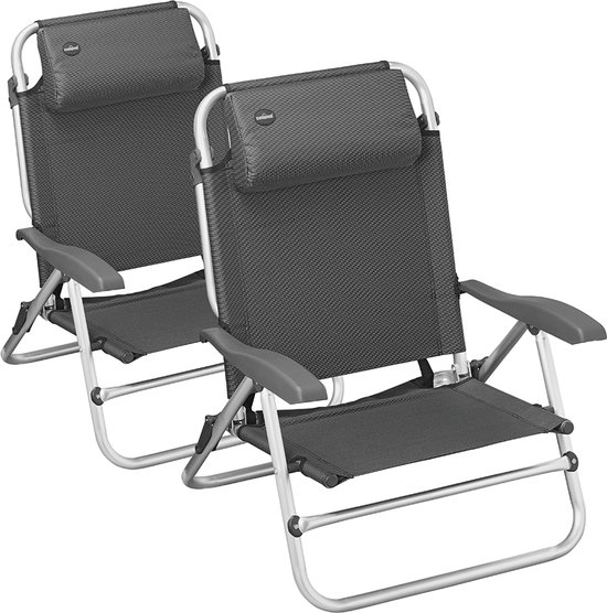 Campout Strandstoel Comfort Beach - 2 Stuks - 8-standen stoel - Rugleuning 87 cm - Vouwstoel - Compact opvouwbaar - Inklapbaar - Campingstoel - Luchtdoorlatend - Inclusief Nekkussen en Draagriem - Draagvermogen max. 120 kg - Zwart
