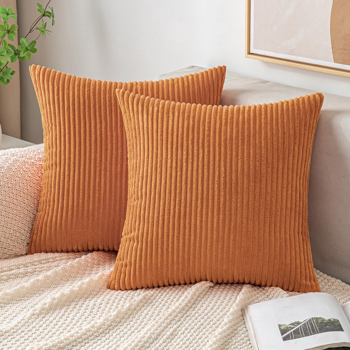 Unyqoos ® Stijlvolle Ribfluwelen Sierkussenslopen voor Herfstige Elegantie in Huis en Tuin, 40 x 40 cm, Warm Oranje