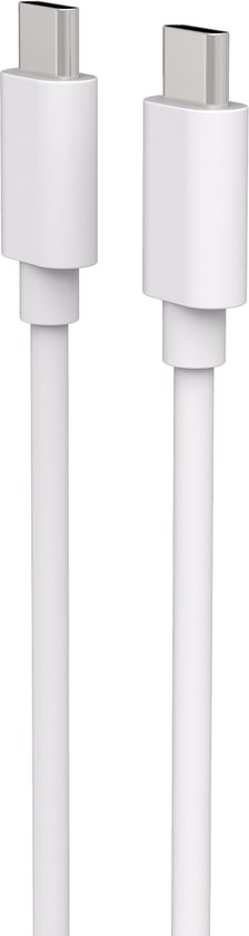 Twee witte USB-C kabels met connectors op zwarte achtergrond.