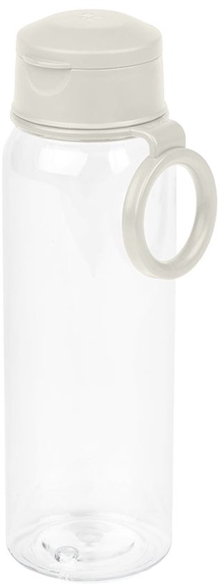 Bouteille d'eau transparente de 500ml avec un bouchon beige et une lanière.