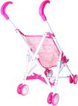Roze en witte poppenbuggy met wielen en een roze stoeltje met witte en roze patronen.