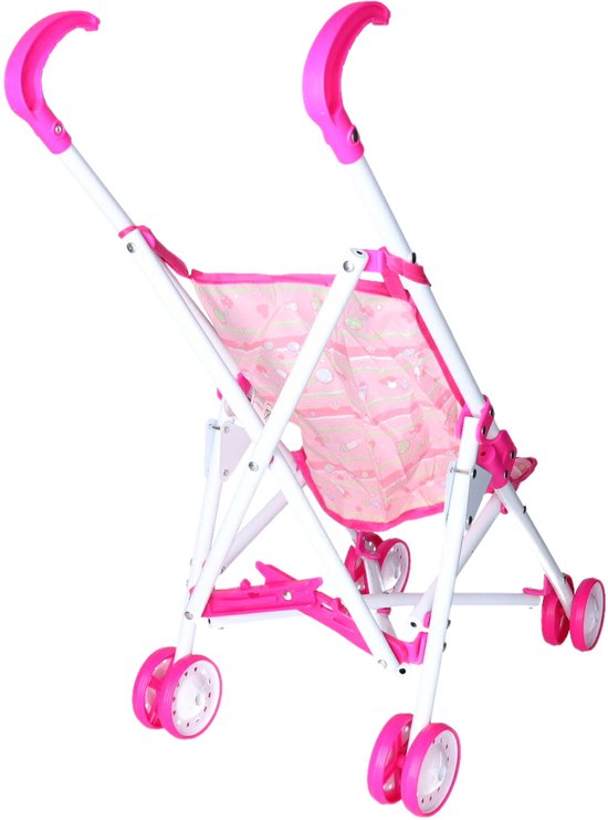 Roze en witte poppenbuggy met wielen en een roze stoeltje met witte en roze patronen.