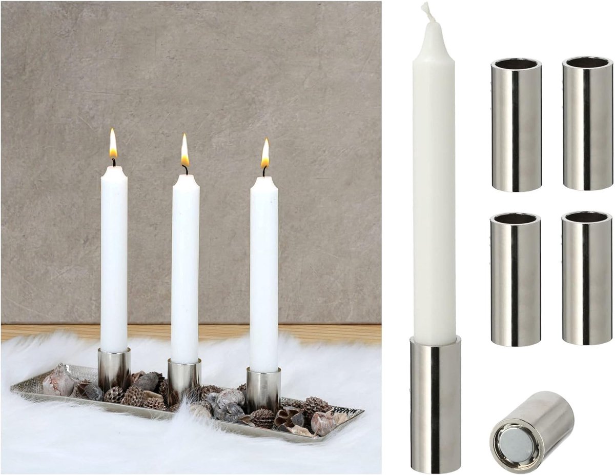 Novaliv Set van 2 kaarsenhouders zilver 2,5x5cm kerstdecoratie kaarsenhouder magneet metaal Adventskrans scandinavisch chic tafelkaarsen kaarsenhouder kaarsenstoker kaarsenbord decoratieve schaal kerst