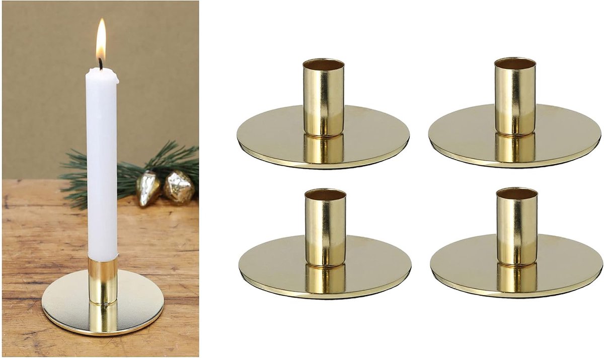 Novaliv Set van 4 kaarsenhouders, metaal, goud, 10 x 5 cm, woondecoratie, kersttafeldecoratie, kaarsenhouder, kaarsenspeld, scandic chic, vintage kaarsenhouder, retro woonkamerdecoratie, decoratieve schaal