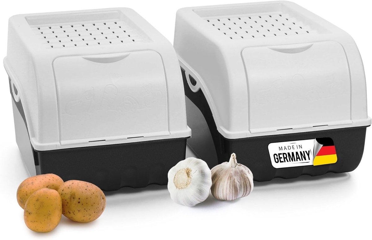 Aardappelbewaardoos | 2x middel 5L | Wit | Aardappeldoos | Stapelbare groentekist, uienkist, aardappelmand, fruitkist, aardappelkist, uienopslag, voedselcontainer, wortelen