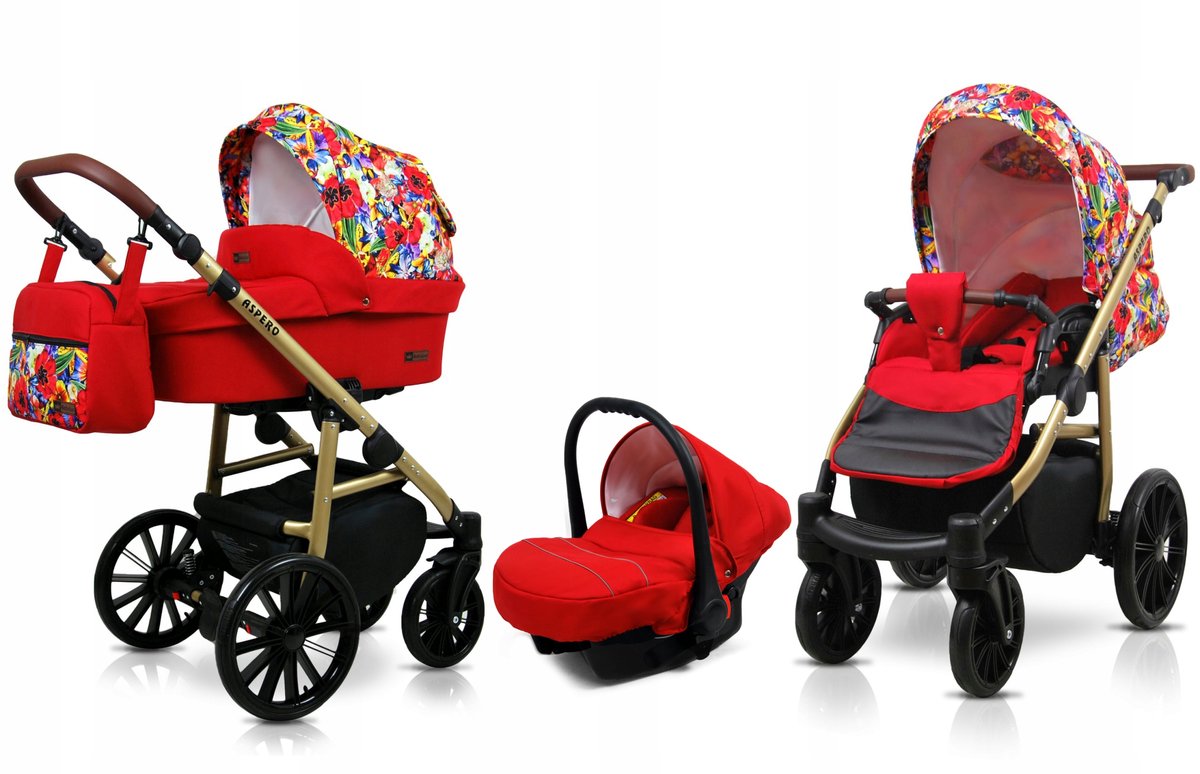 BabyLux® Kinderwagen 3in1 – ASPERO - RED TULIPS - Opklapbare Wandelwagen incl. Reiswieg, Multifunctionele Buggy Sportstoel, Autostoel - Combi-kinderwagen met Luiertas, Regenhoes, Klamboe, Bekerhouder, etc.
