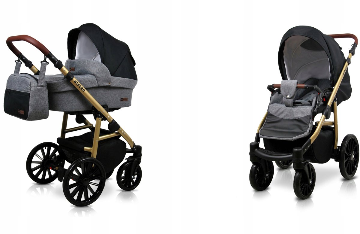BabyLux® Kinderwagen 2in1 – ASPERO - GREY FLEX BLACK - Opklapbare Wandelwagen incl. Reiswieg, Multifunctionele Buggy Sportstoel - Combi-kinderwagen met Luiertas, Regenhoes, Klamboe, Bekerhouder, etc.