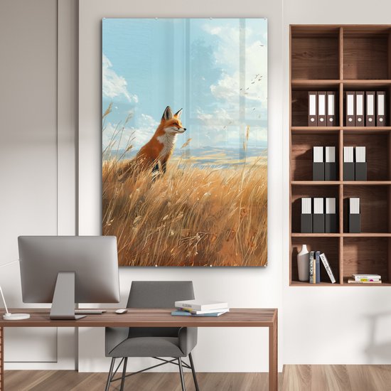 MuchoWow® Glasschilderij 120x180 cm - Schilderij acrylglas - Vos - Gras - Wolken - Oranje - Foto op glas - Muurdecoratie woonkamer - Wanddecoratie slaapkamer - Schilderijen
