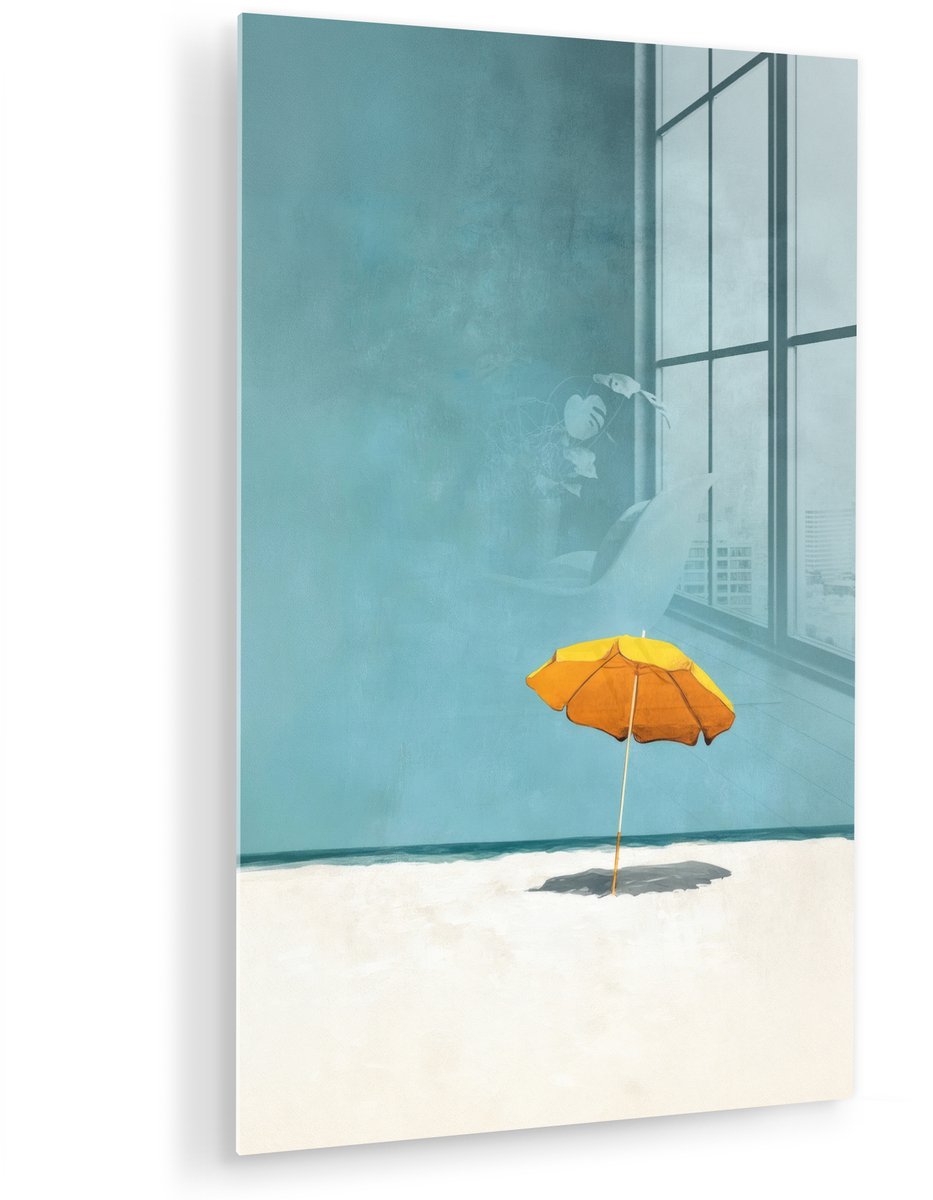 MuchoWow® Glasschilderij 20x30 cm - Schilderij acrylglas - Parasol - Geel - Strand - Zee -