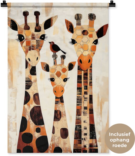 Wandkleed 60x90 cm - Wanddoek Giraffen - Cartoon - Crème - Wandtapijt - Wandkleden