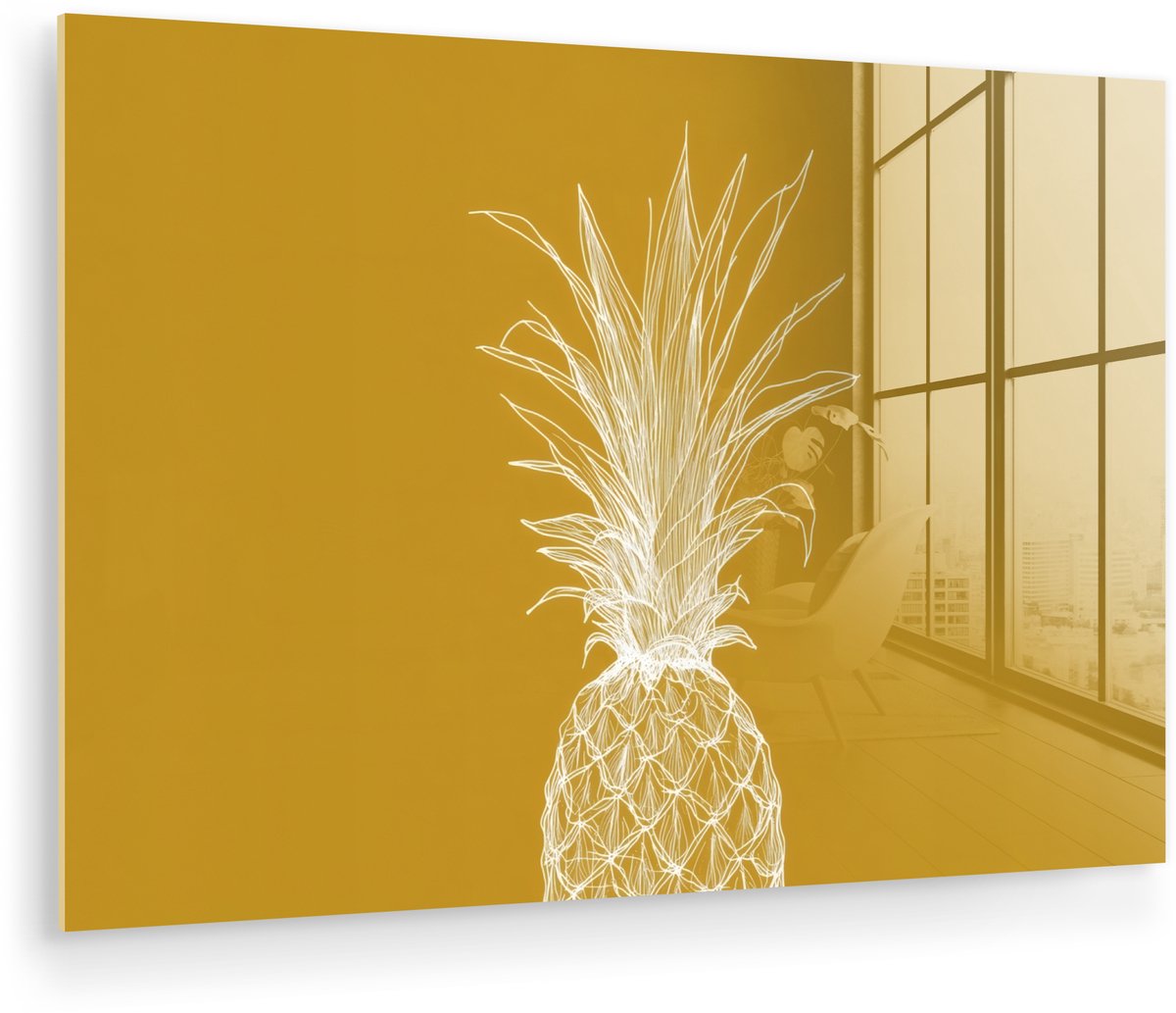 MuchoWow® Glasschilderij 90x60 cm - Schilderij acrylglas - Lijnillustratie - Ananas - Bladkroon - Okergeel - Foto op glas - Muurdecoratie woonkamer - Wanddecoratie slaapkamer - Schilderijen