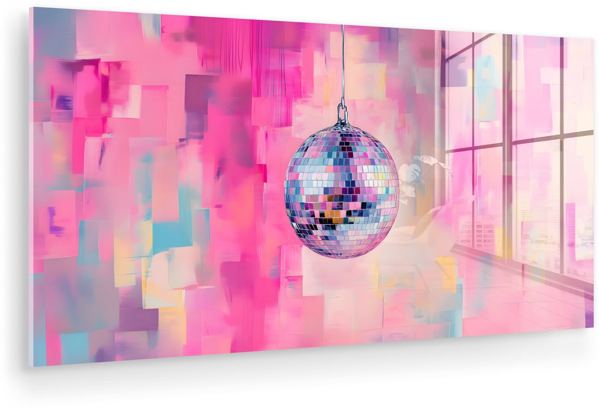 MuchoWow® Glasschilderij 80x40 cm - Schilderij acrylglas - Discobal - Pink - Verf - Foto op glas - Muurdecoratie woonkamer - Wanddecoratie slaapkamer - Schilderijen
