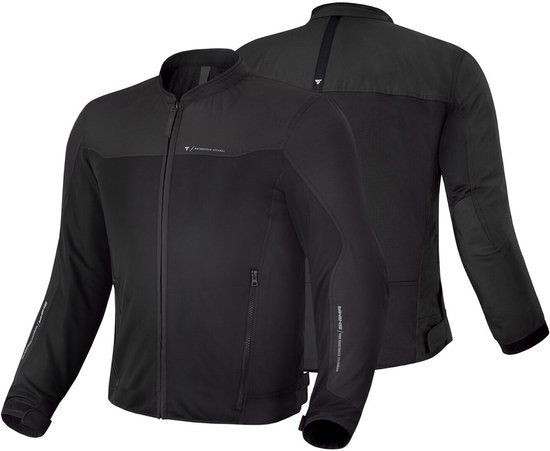 Zwarte SHIMA Openair motorjas, voorkant en achterkant. Gemaakt van textiel met meshpanelen.