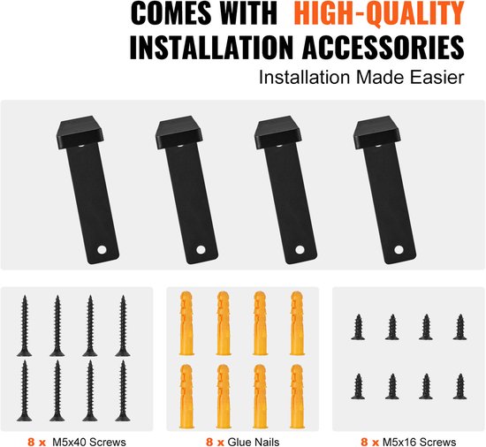 Installatieaccessoires: vier matzwarte plankdragers, schroeven en pluggen.