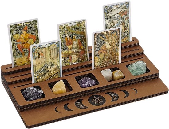 GORGECRAFT 4 Stuks Houten Tarot Kaarthouder Maanfase Tarot Card Altaar Stand Zon Bloem Patroon Rechthoek Maan Vorm Tarot Card Display Houder Voor Heks Waarzeggerij Gereedschap Ceremoniële