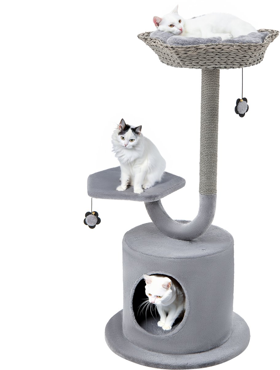COSTWAY Krabpaal, 106 cm kattenboom met gebogen metalen frame, krabzuil, ligoppervlak en hol, kattenkrabpaal, klimboom, kattenhuis, kattenmeubel voor grote en kleine katten, grijs