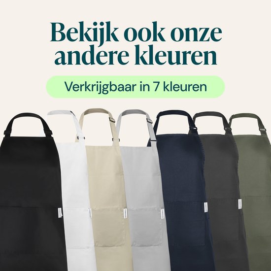 Sept tabliers de cuisine de différentes couleurs : noir, blanc, beige, gris, marine et vert.