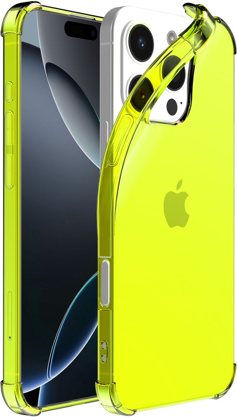 Neon gele, transparante telefoonhoes voor iPhone 16 Pro Max, met camera-uitsparing en Apple logo.