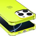 Neon gele, transparante telefoonhoes voor iPhone 16 Pro Max, met camera-uitsparing en Apple logo.