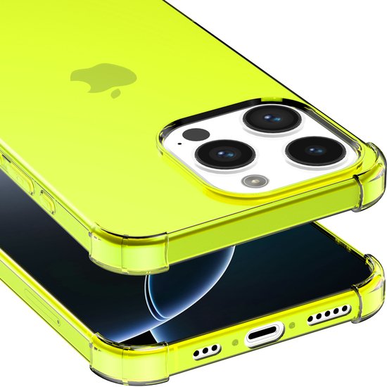 Neon gele, transparante telefoonhoes voor iPhone 16 Pro Max, met camera-uitsparing en Apple logo.