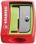 Rode STABILO puntenslijper met groene accenten en metalen mes
