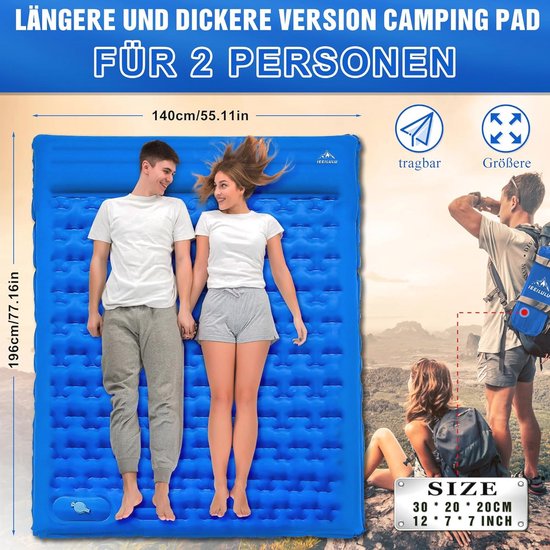 Opblaasbaar Camping Matras 196 x 140 cm - Lichtgewicht Zelfopblazend 2 Personen Matras met Kussen voor Backpacking en Strand van GLOWCOLOGY — afbeelding 2