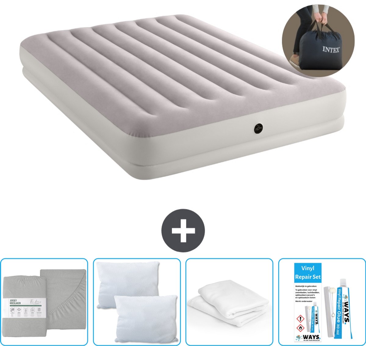 Intex Luchtbed - 2-Persoons - 152 x 203 x 30 cm - Grijs - Inclusief pomp - Hoeslaken - Kussen - Reparatieset en Kussenbeschermer