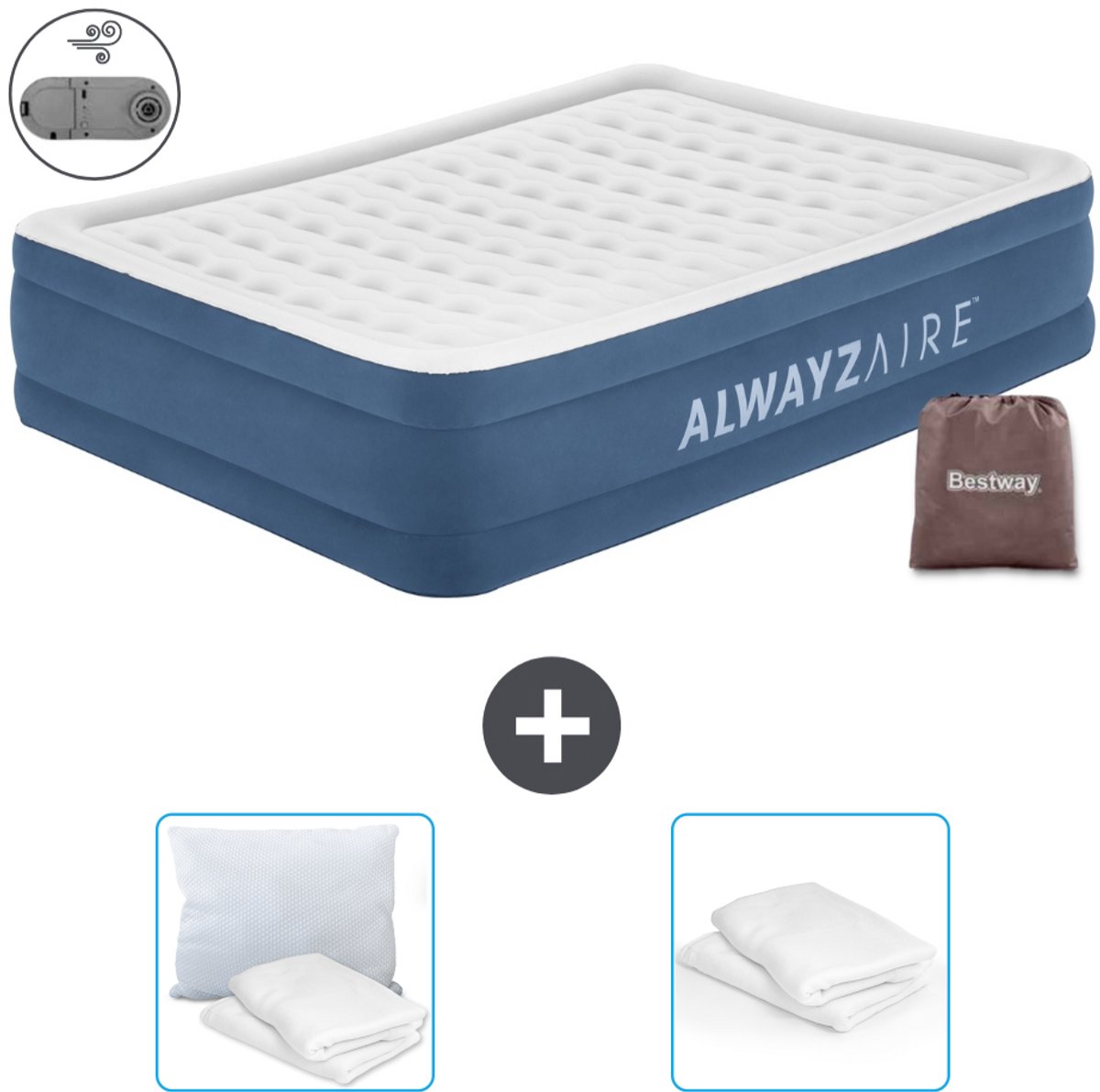 Bestway Alwayszair luchtbed - 2-Persoons - 152 x 203 x 46 cm - Blauw - Inclusief pomp - Kussen en Kussenbeschermer