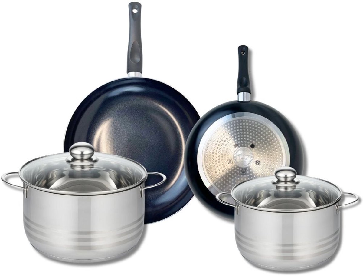 Set van 2 Koekenpannen 24 en 28 cm en 2 kookpotten 20 en 24 cm Elo Prima Glanzend
