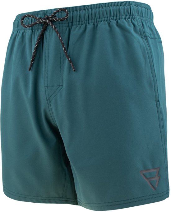Short de bain bleu-vert avec ceinture élastique, cordon noir et logo sur la jambe droite.
