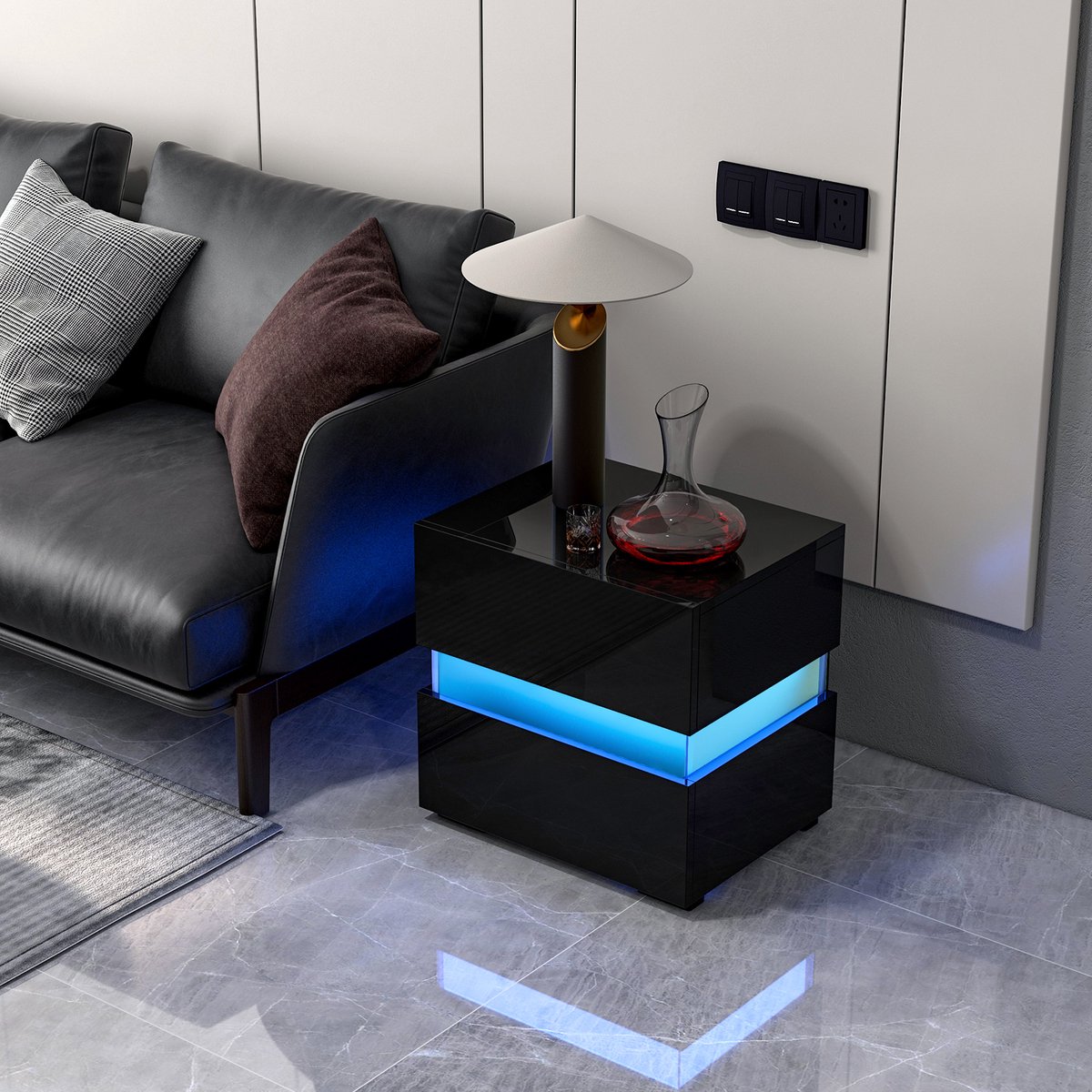 Hoogglans Nachtkastje Met LED-verlichting, Kast Met 2 Lades Kledingkast Nachtkastje Slaapkamermeubilair 45x35x52cm Wit