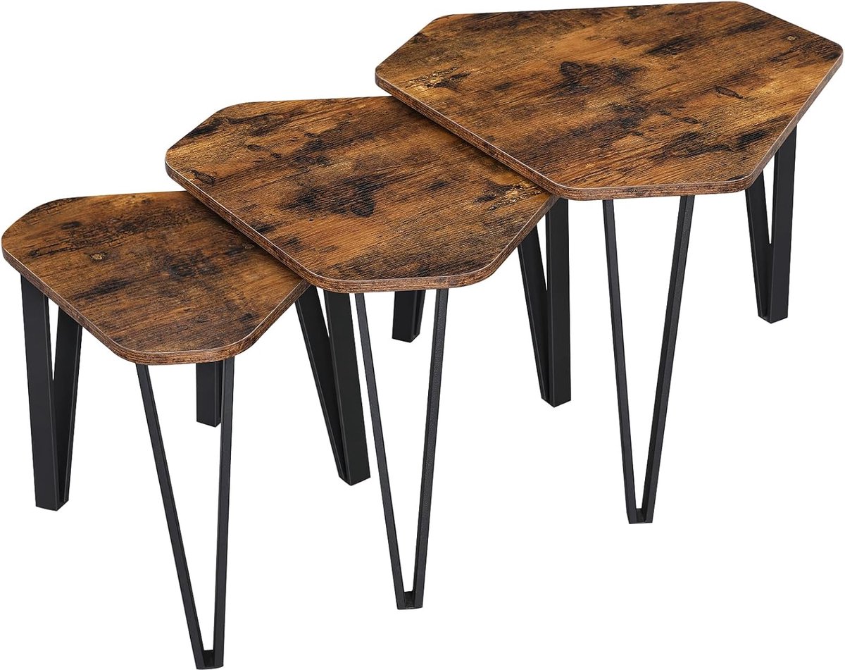 Bijzettafel - Koffietafel - Woonkamer - Vintage - Set van 3 tafeltjes - Uitschuifbaar - Hout en Metaal - Vintage Bruin - LNT13X