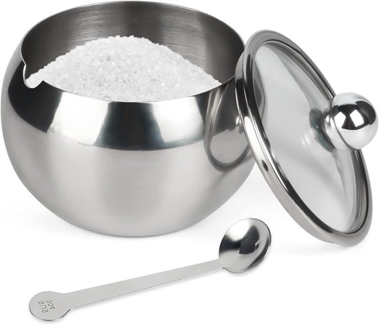 Suikerpot Van 400ml Roestvrij Staal Met Deksel En Lepel Suikerstrooier Voor Horeca En Keuken Rond Model