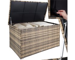 tectake® Aluminium wicker opbergbox - Outdoor kussenbox - Uitneembare binnenzak - Weerbestendig en afsluitbaar met deksel - Inclusief 2 handgrepen, deksel en gasveren - UV bestendig - Inhoud 750 l - Afmeting (LxBxH) 145 x 82,5 x 79,5 cm - Beige