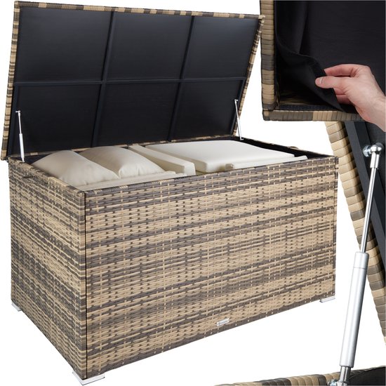 tectake® Aluminium wicker opbergbox - Outdoor kussenbox - Uitneembare binnenzak - Weerbestendig en afsluitbaar met deksel - Inclusief 2 handgrepen, deksel en gasveren - UV bestendig - Inhoud 750 l - Afmeting (LxBxH) 145 x 82,5 x 79,5 cm - Beige