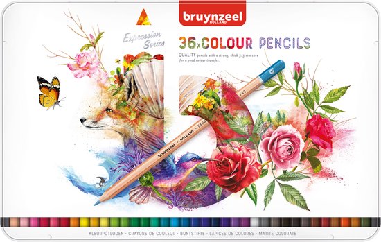 Gesloten blik met een illustratie van een vos, kolibrie en bloemen. Onderop een rij met 36 kleurpotloden.